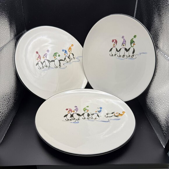 Pfaltzgraff Penguin Skate  Set Of 3 8.5" Salad Plates - Picture 1 of 6